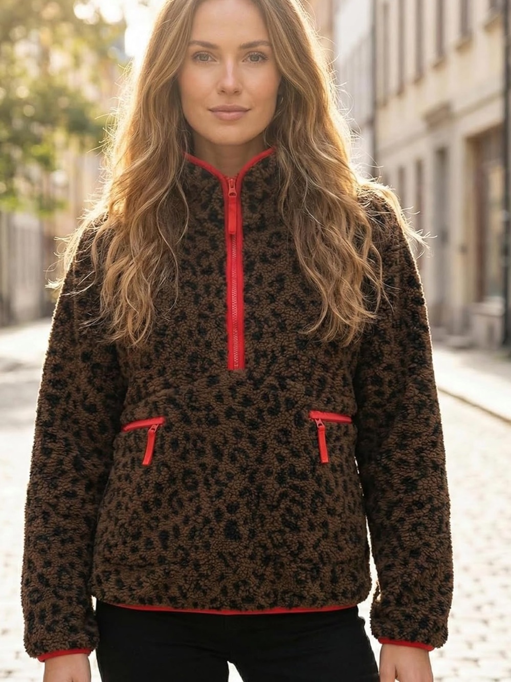 Women's NWOT M AINANGUA Brown Leopard Sherpa COZY TEDDY Pullover Red Trim